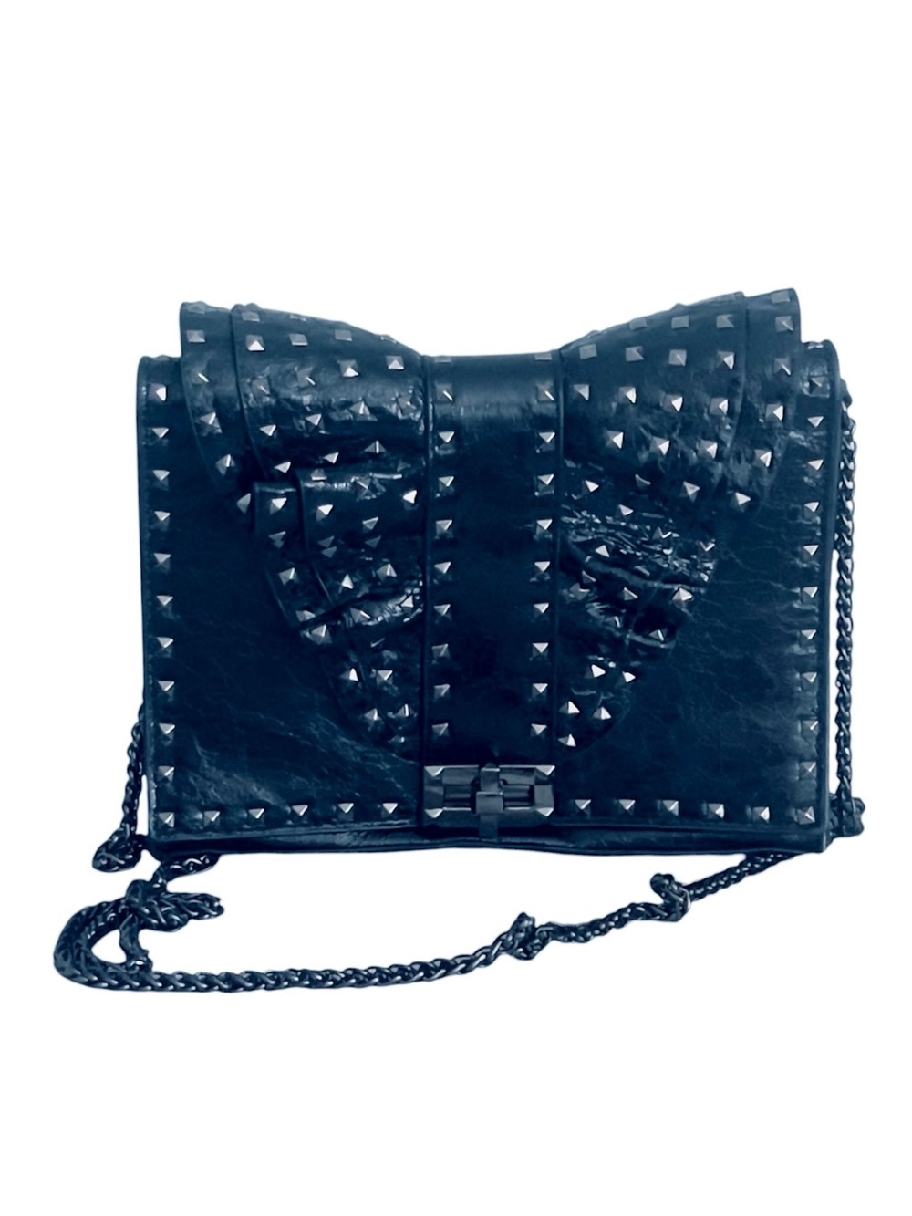 INZI Patent Leather Studded Ruffle Bow Chain Strap Crossbody Shoulder Bag Black - Picture 14 of 14